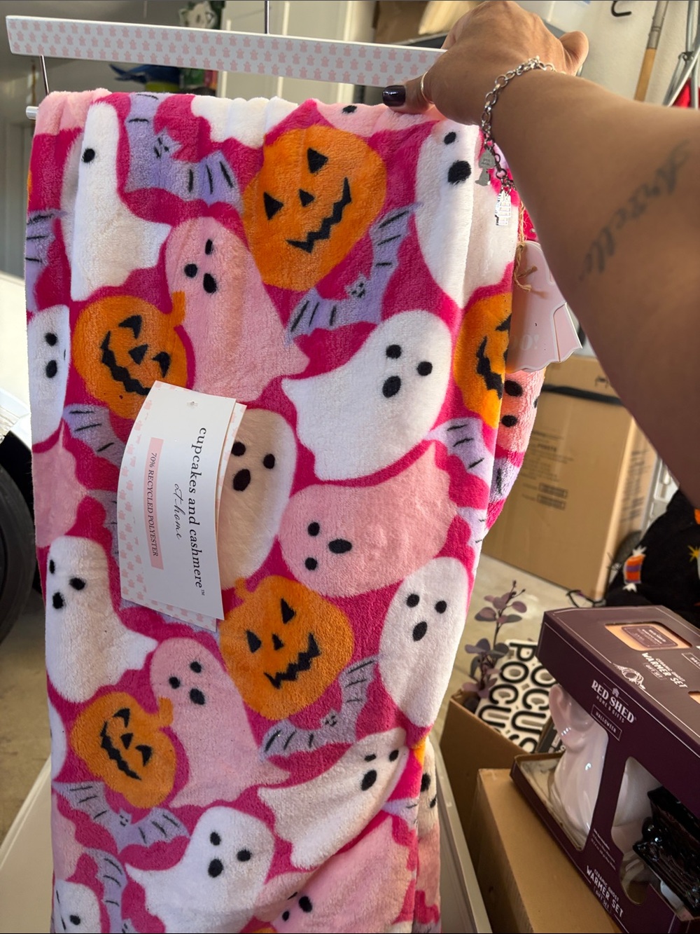cupcakes & cashmere Halloween Pink Pumpkin and Ghost Fleece Throw Blanket
